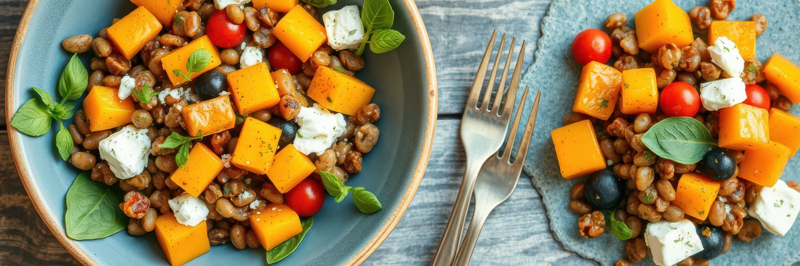 Fresh salad with colorful vegetables, cheese, and herbs on a rustic wooden table